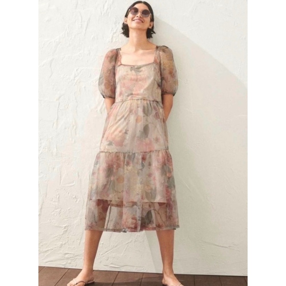 H&M sz M Sheer Floral Puff Sleeve Tiered Tulle Midi Maxi Dress Whimsical Fairy